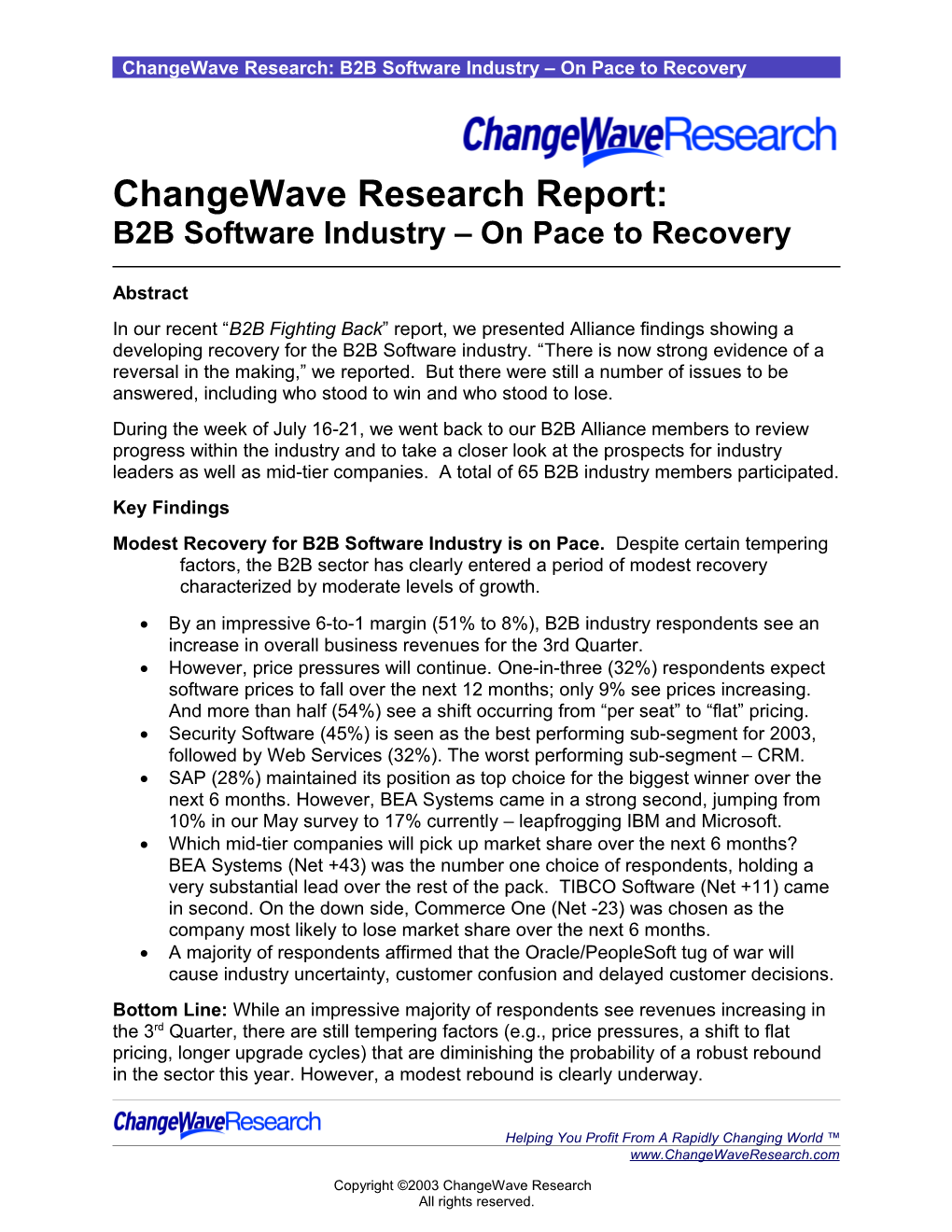 Changewave Research: B2B Software Industry on Pace to Recovery