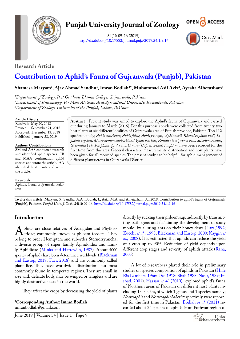 Contribution to Aphid's Fauna of Gujranwala (Punjab), Pakistan