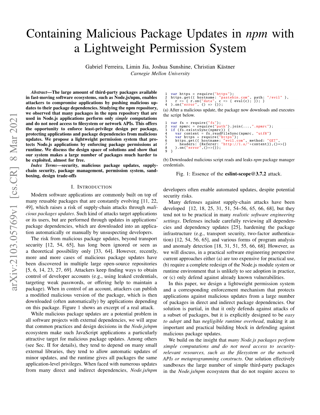 Containing Malicious Package Updates in Npm with a Lightweight Permission System