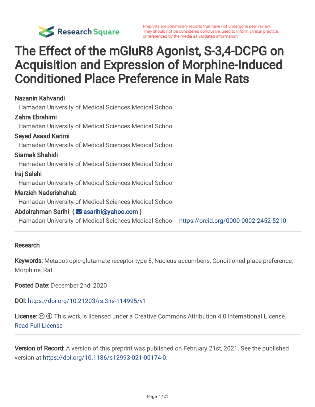 The Effect of the Mglur8 Agonist, S-3,4-DCPG on Acquisition and Expression of Morphine-Induced Conditioned Place Preference in Male Rats