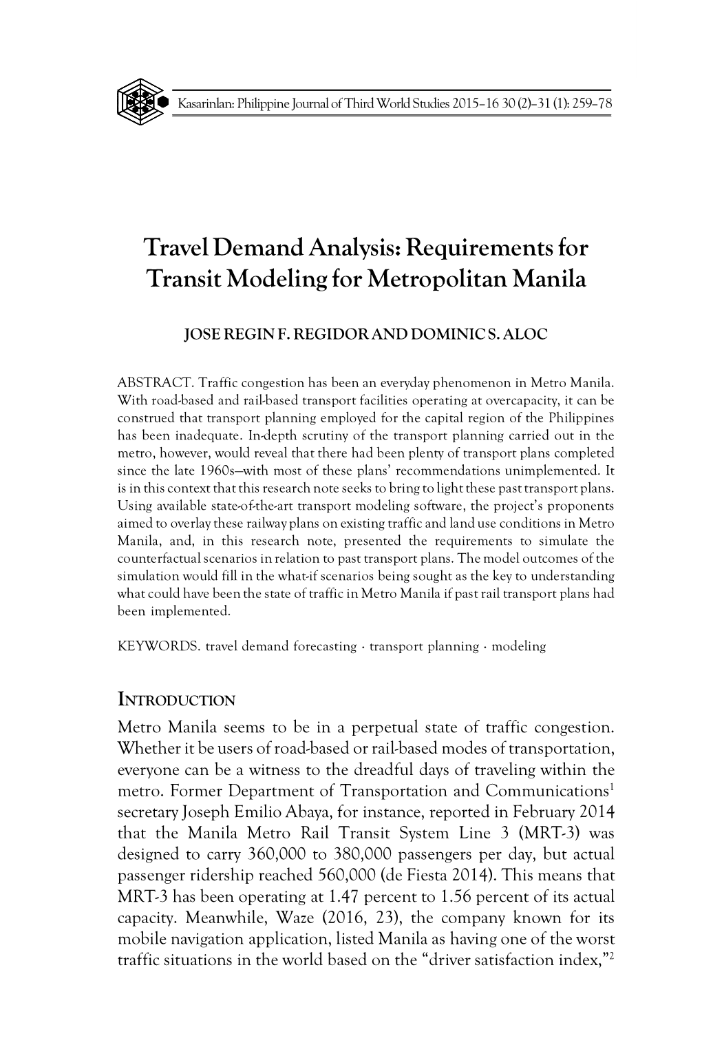 Requirements for Transit Modeling for Metropolitan Manila