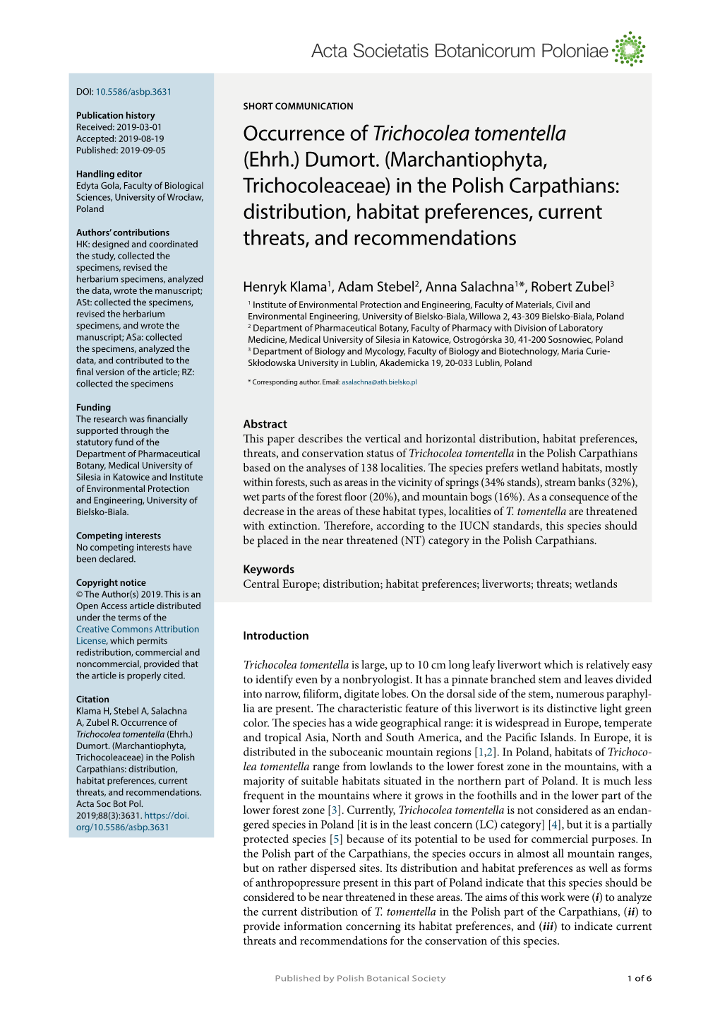 Occurrence of Trichocolea Tomentella (Ehrh.) Dumort. (Marchantiophyta, Trichocoleaceae) in the Polish Carpathians: Distribution