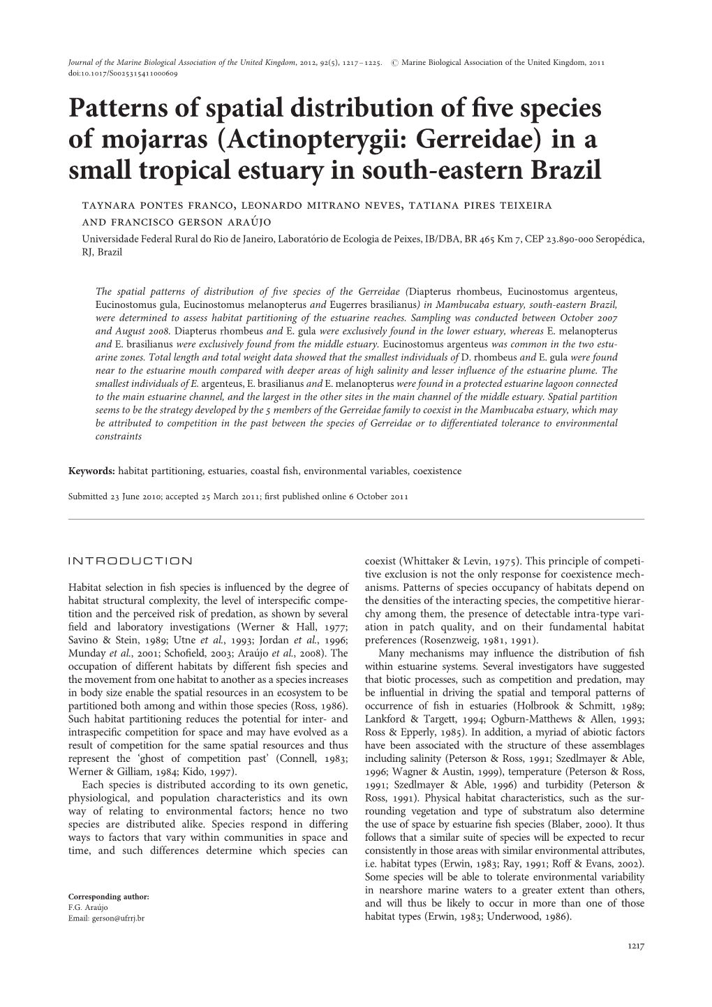 Patterns of Spatial Distribution of Five Species of Mojarras (Actinopterygii