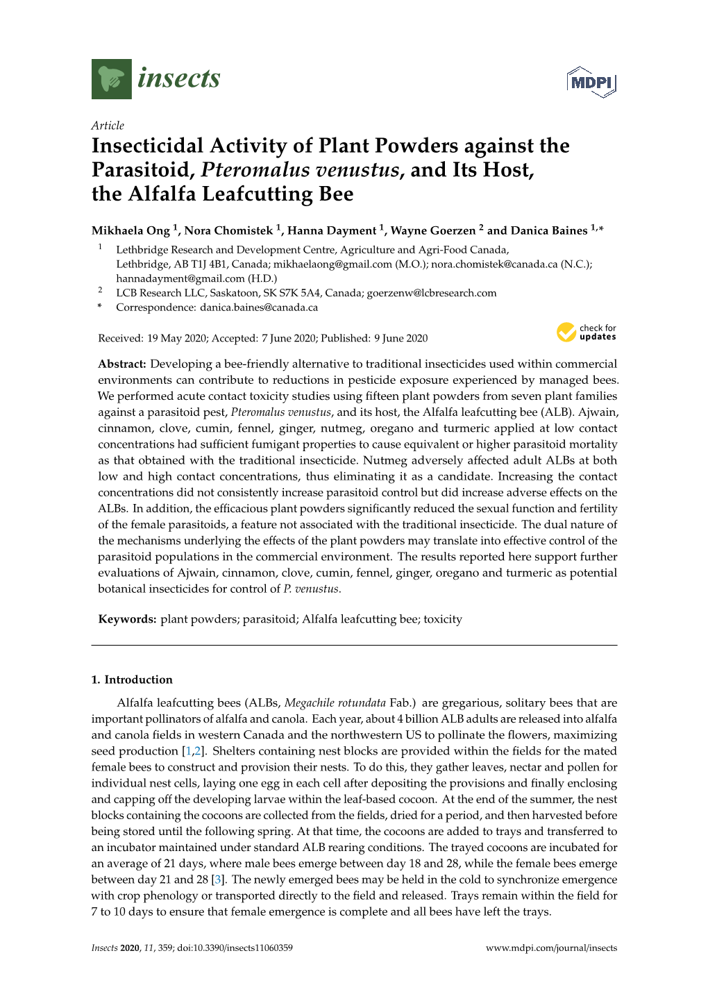 Insecticidal Activity of Plant Powders Against the Parasitoid, Pteromalus Venustus, and Its Host, the Alfalfa Leafcutting Bee