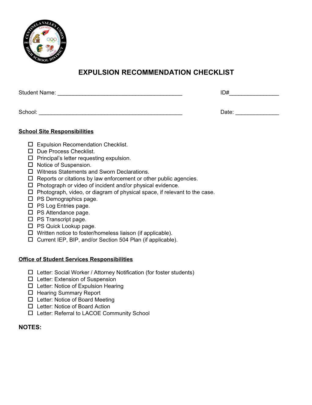Expulsion Recommendation Checklist