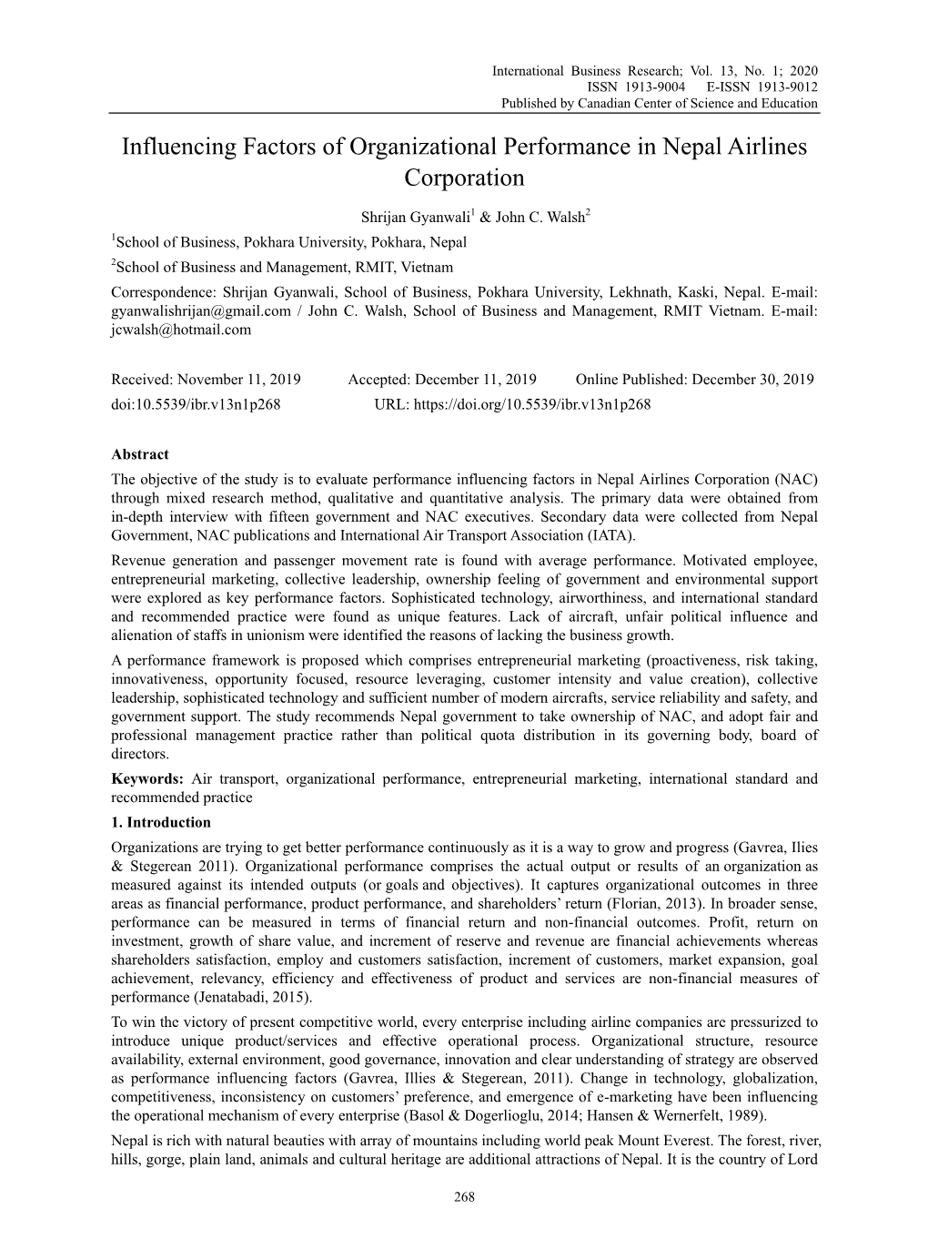 Influencing Factors of Organizational Performance in Nepal Airlines Corporation