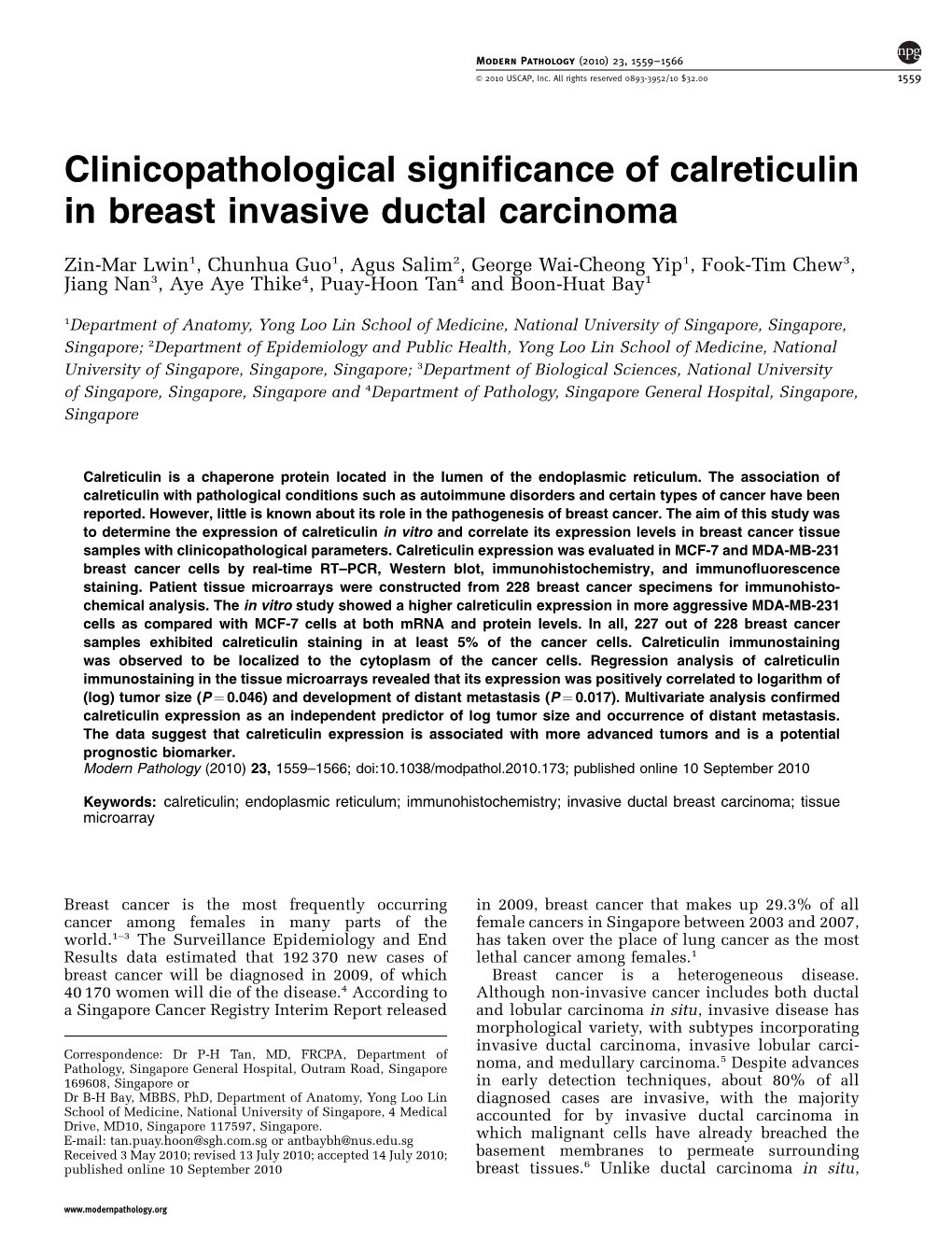 Clinicopathological Significance of Calreticulin in Breast Invasive Ductal Carcinoma