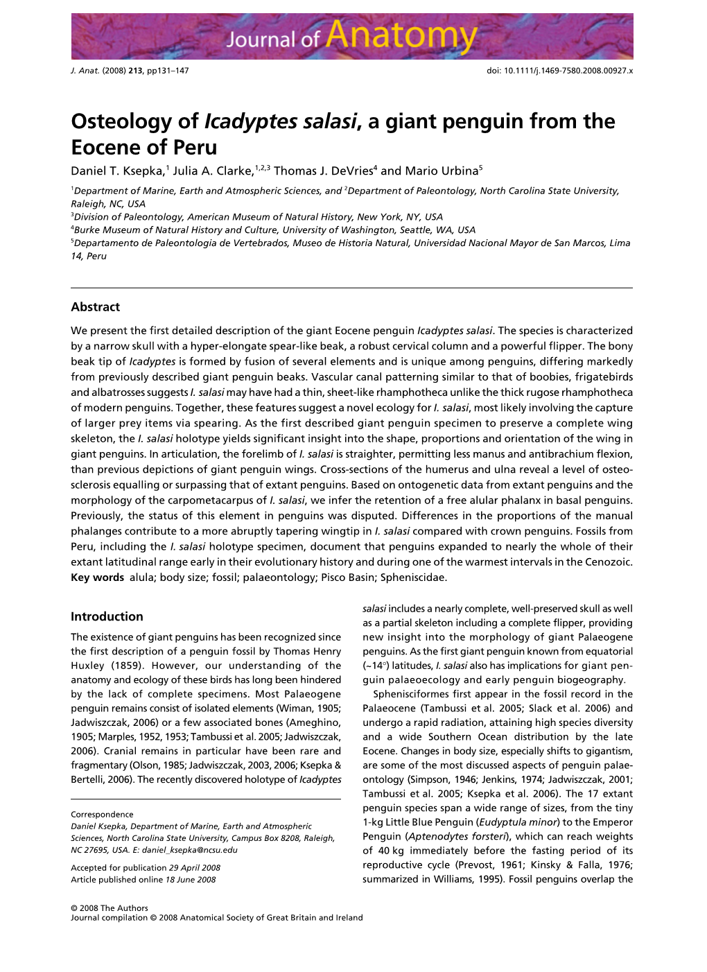 Osteology of Icadyptes Salasi, a Giant Penguin from the Eocene of Peru