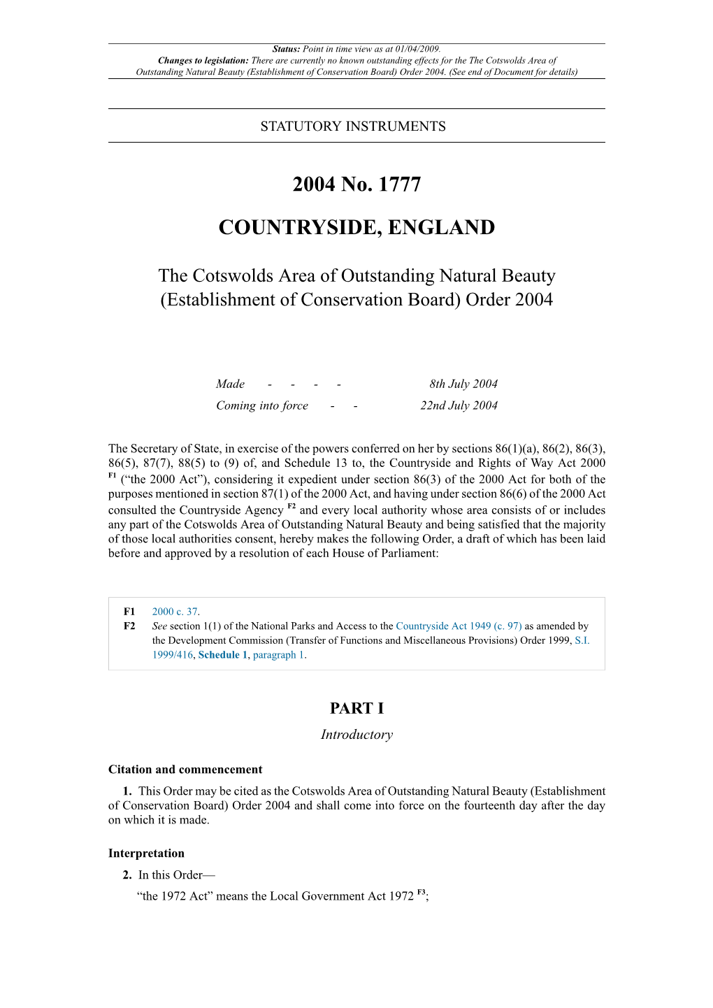 The Cotswolds Area of Outstanding Natural Beauty (Establishment of Conservation Board) Order 2004