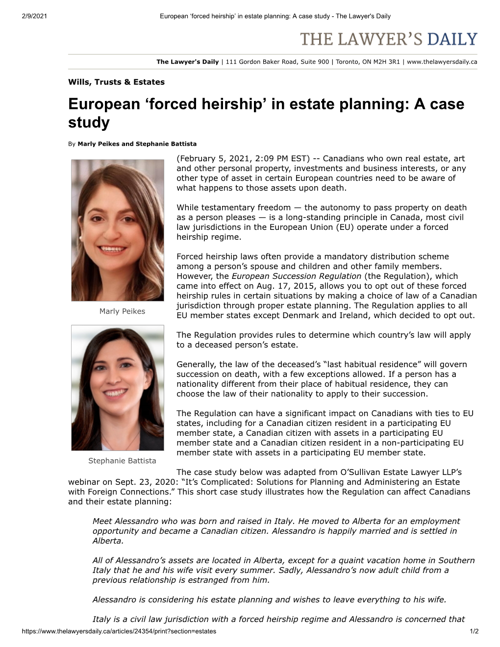 European 'Forced Heirship' in Estate Planning: a Case Study