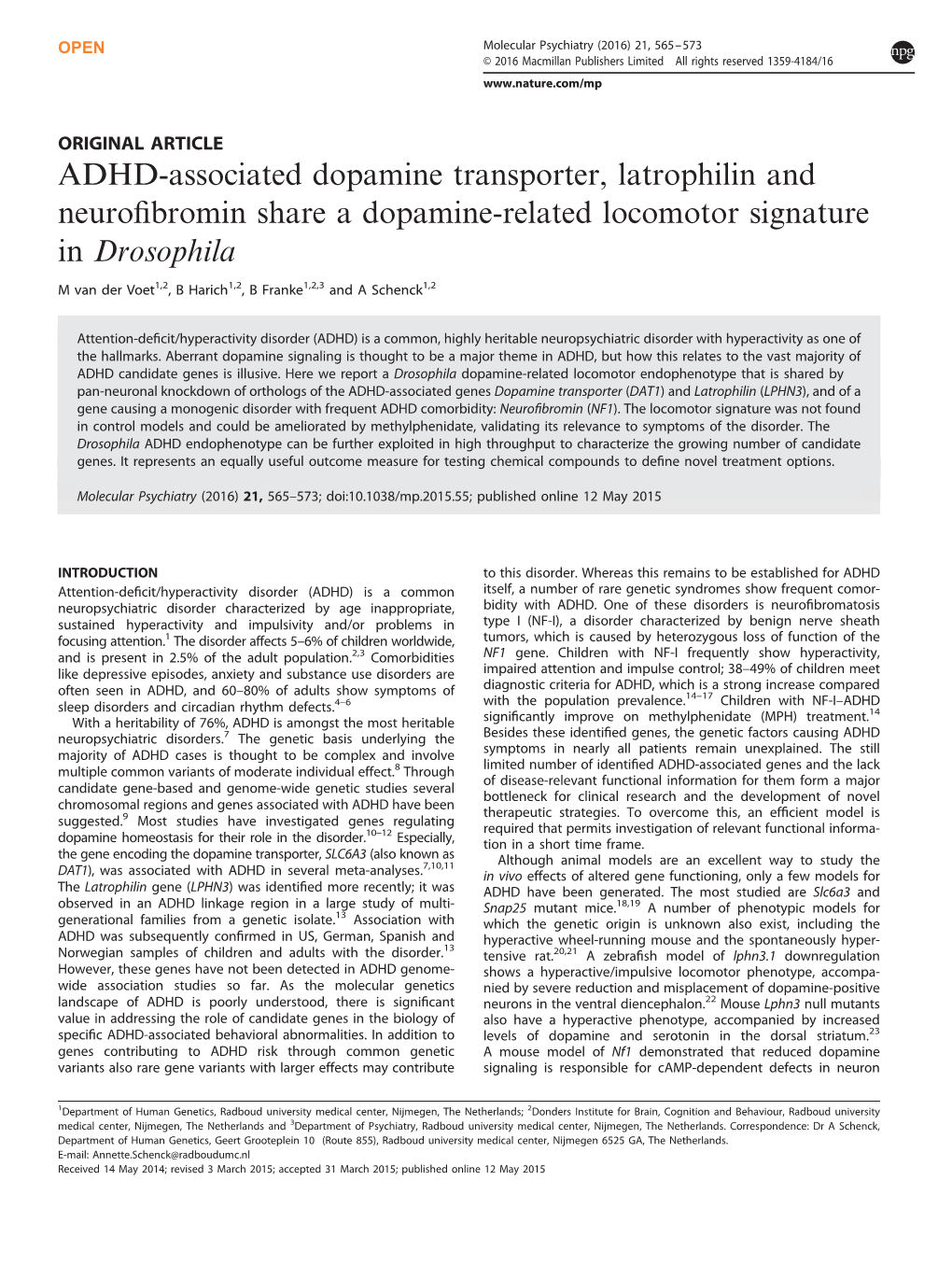 ADHD-Associated Dopamine Transporter, Latrophilin and Neuroﬁbromin Share a Dopamine-Related Locomotor Signature in Drosophila