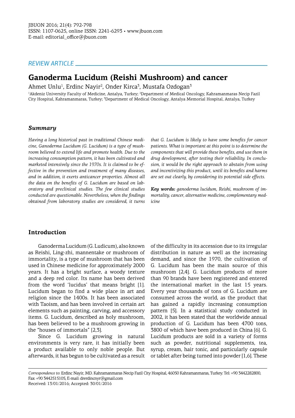 Ganoderma Lucidum (Reishi Mushroom) and Cancer