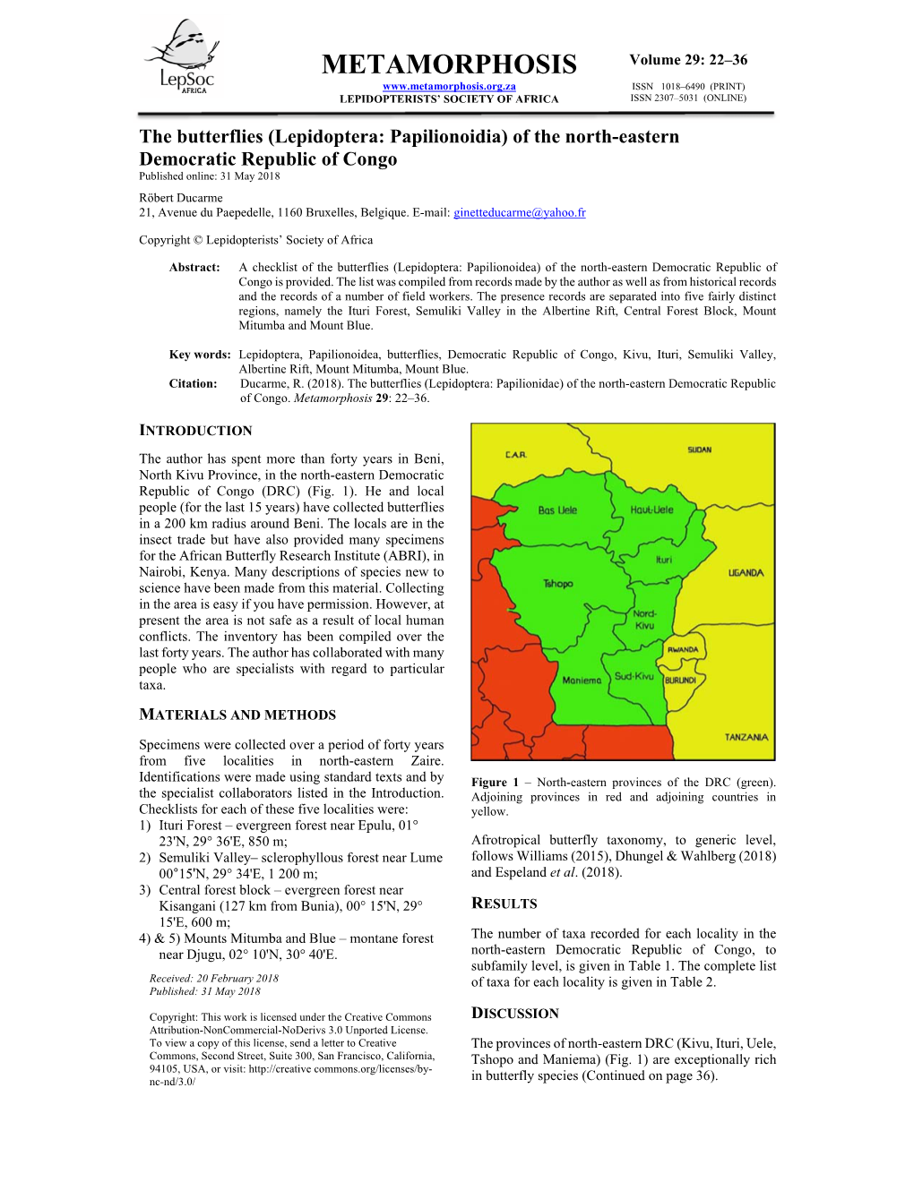 Metamorphosis Issn 1018–6490 (Print) Lepidopterists’ Society of Africa Issn 2307–5031 (Online)