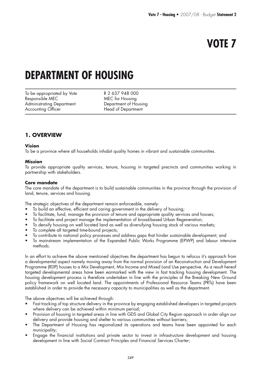 Housing • 2007/08 - Budget Statement 2