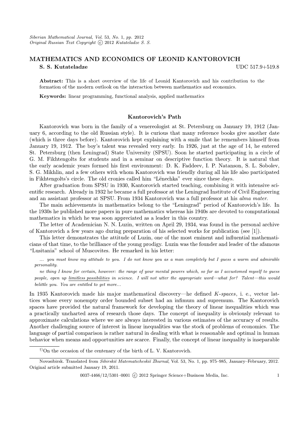 Mathematics and Economics of Leonid Kantorovich S