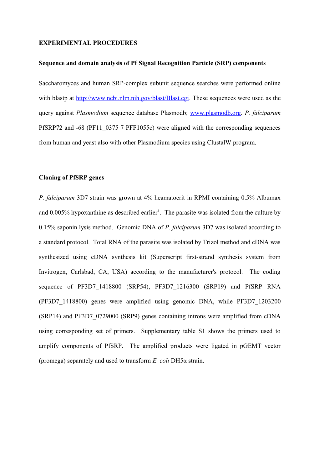 Sequence and Domain Analysis of Pf Signal Recognition Particle (SRP) Components