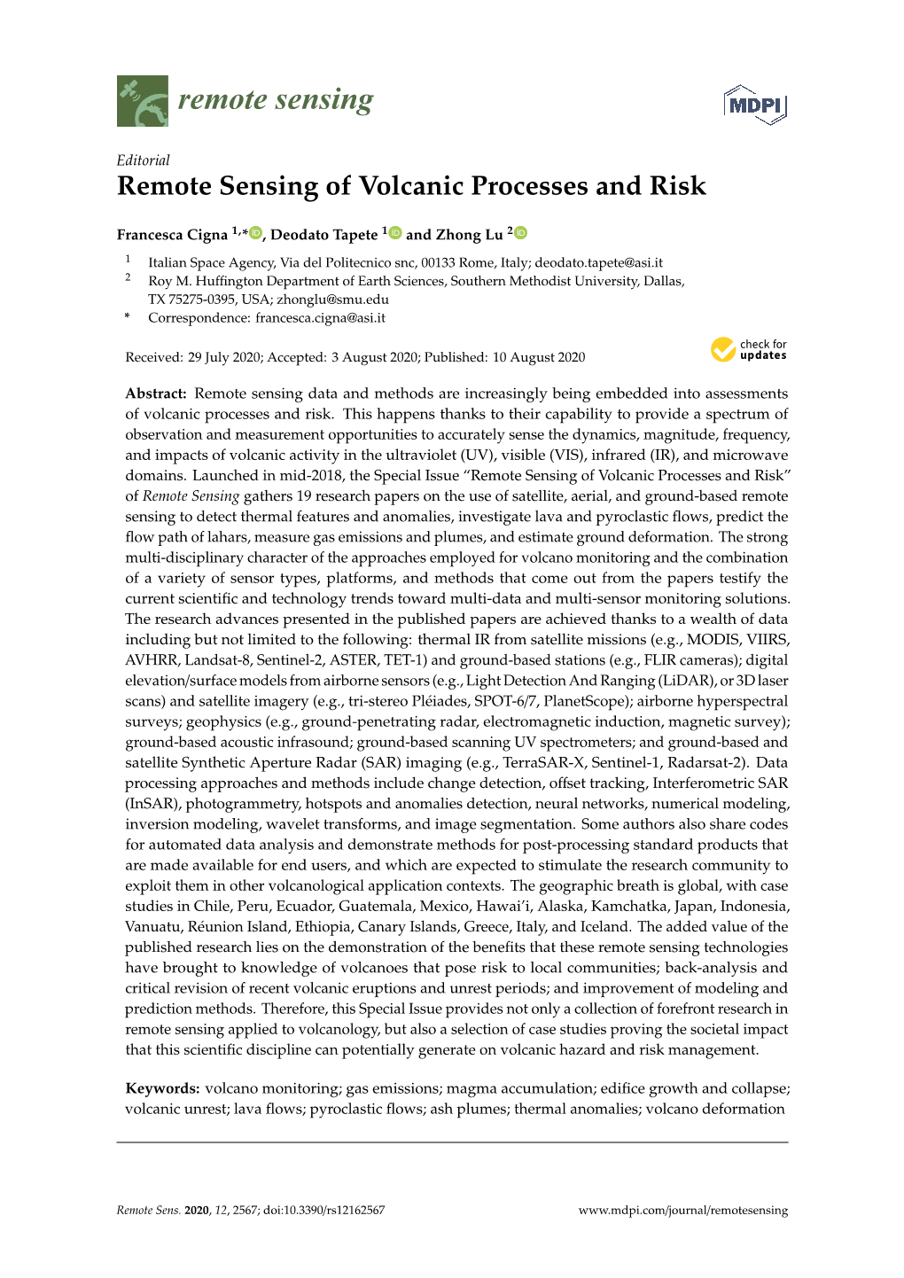 Remote Sensing of Volcanic Processes and Risk