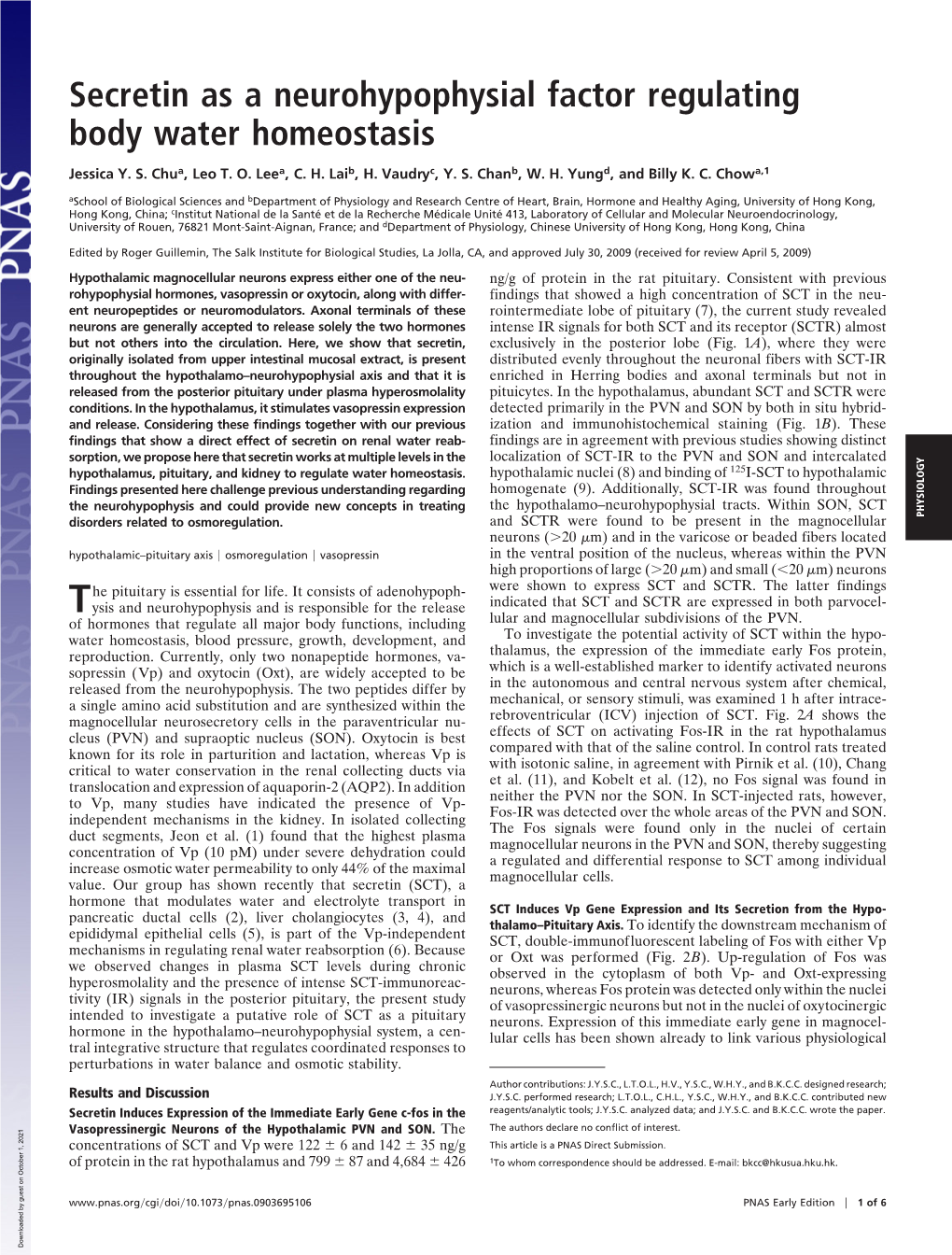 Secretin As a Neurohypophysial Factor Regulating Body Water Homeostasis