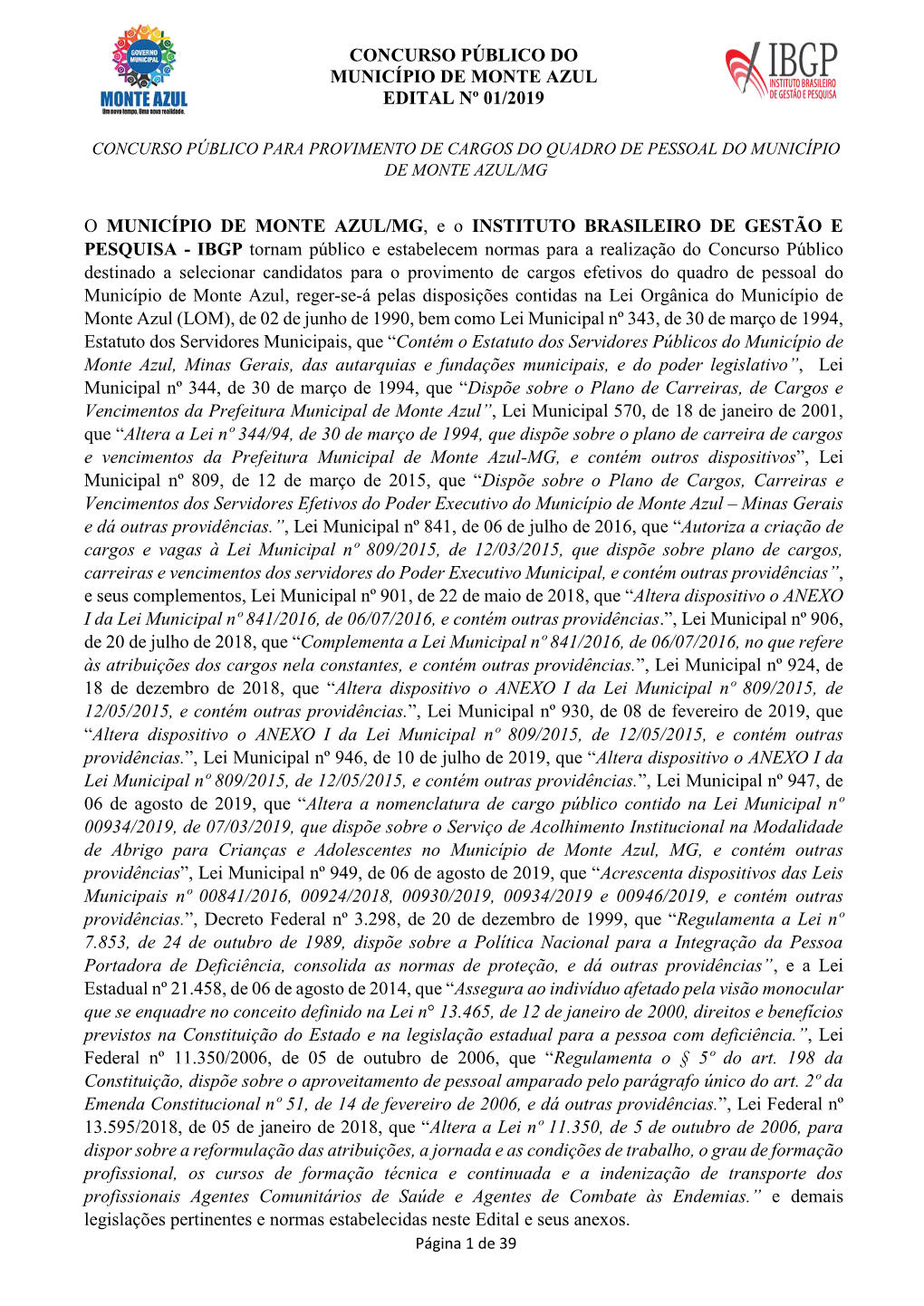 Concurso Público Do Município De Monte Azul Edital Nº 01/2019