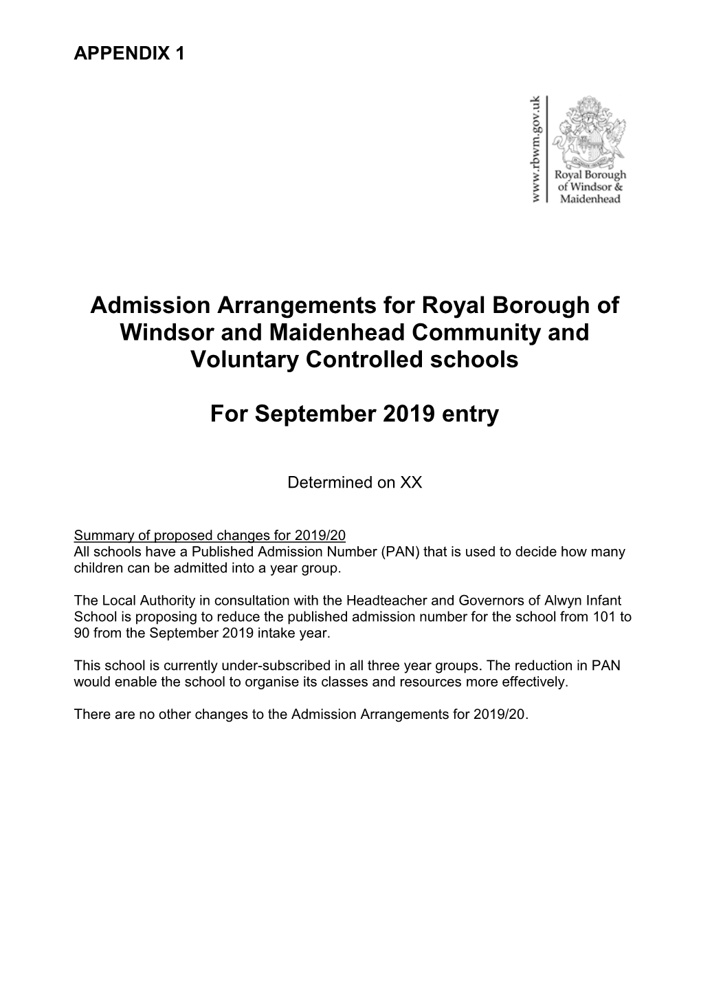 Admission Arrangements for Royal Borough of Windsor and Maidenhead Community and Voluntary Controlled Schools