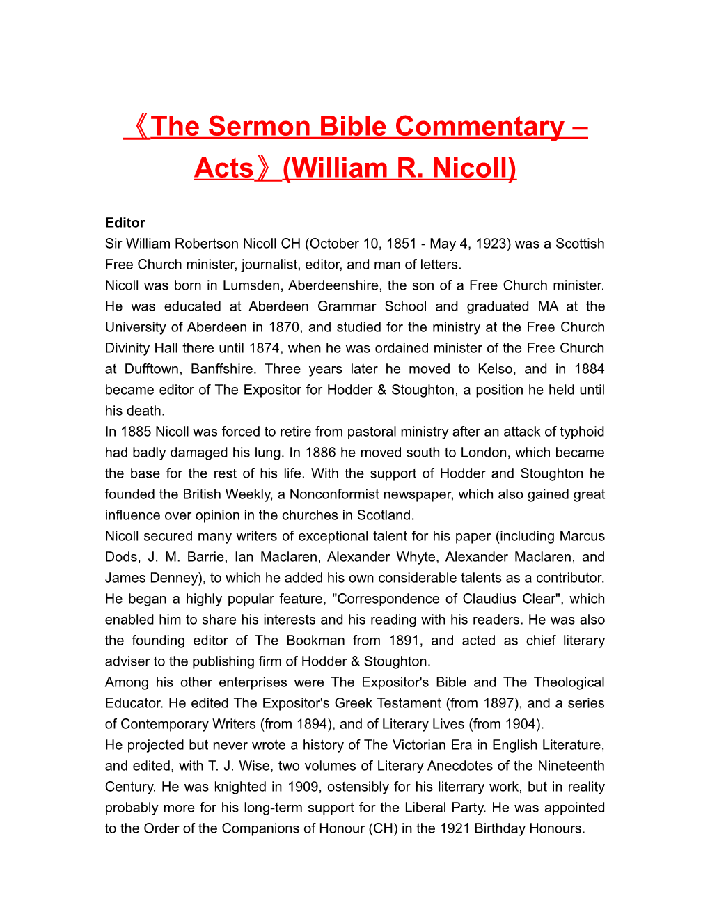 The Sermon Bible Commentary Acts (William R. Nicoll)