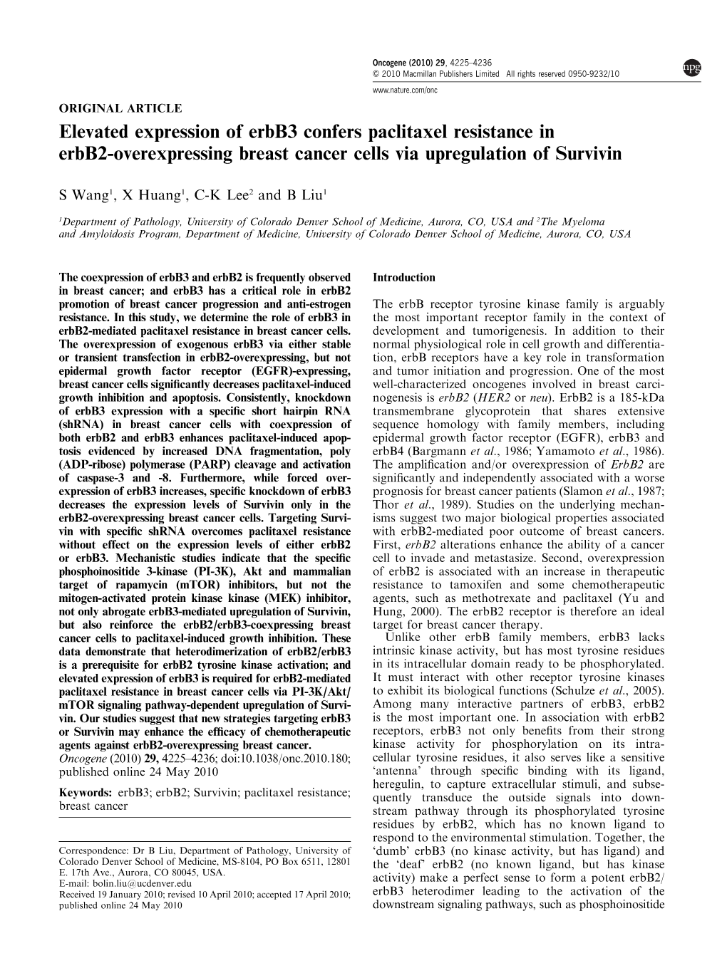 Elevated Expression of Erbb3 Confers Paclitaxel Resistance in Erbb2-Overexpressing Breast Cancer Cells Via Upregulation of Survivin