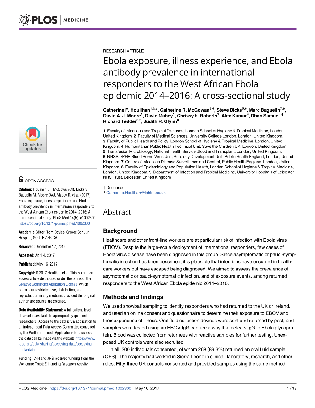 Ebola Exposure, Illness Experience, and Ebola Antibody Prevalence in International Responders to the West African Ebola Epidemic 2014–2016: a Cross-Sectional Study