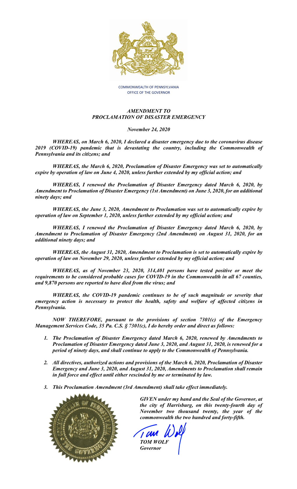 Amendment to Proclamation of Disaster Emergency