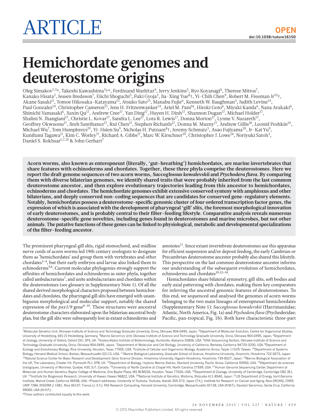 Hemichordate Genomes and Deuterostome Origins