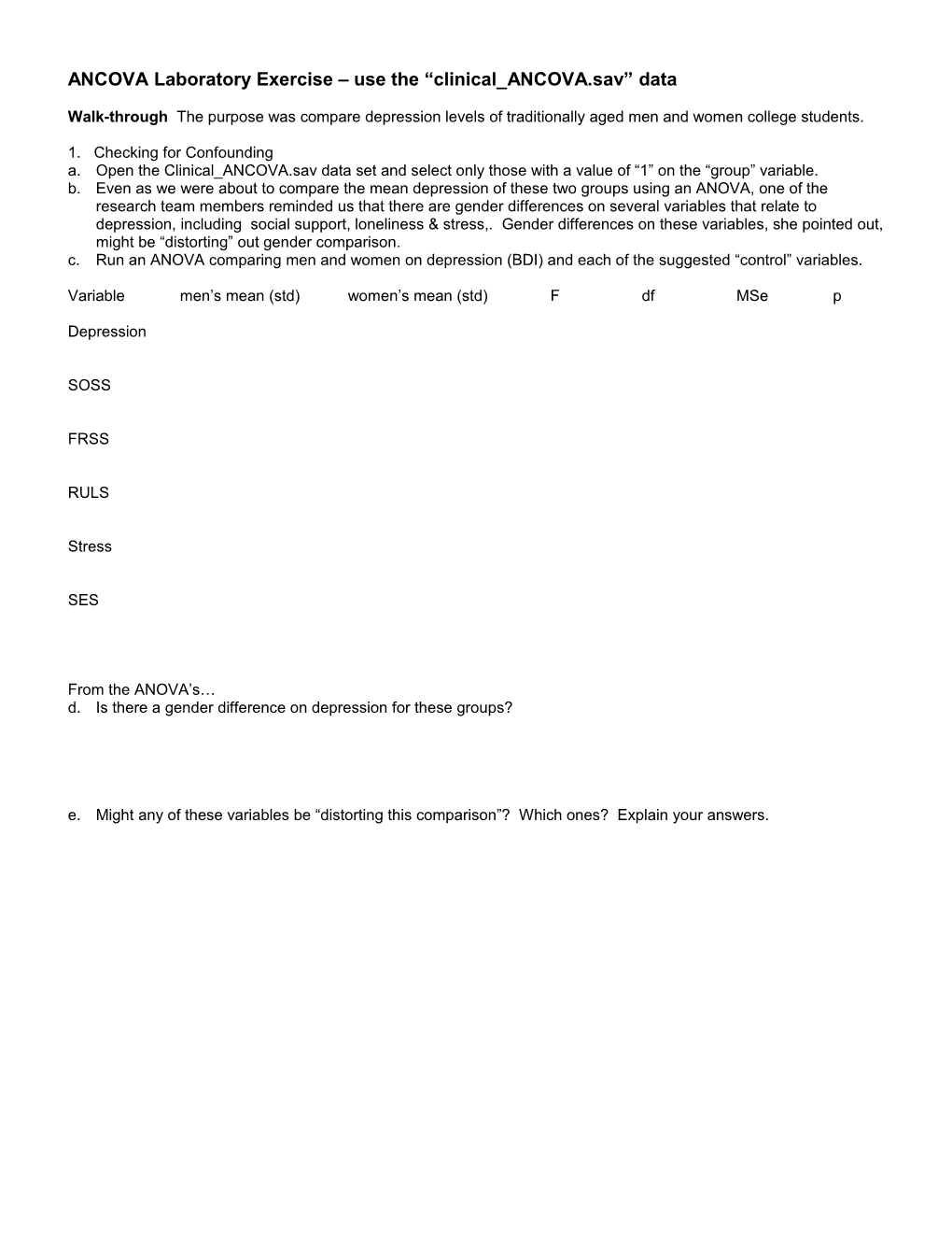 ANCOVA Laboratory Exercise