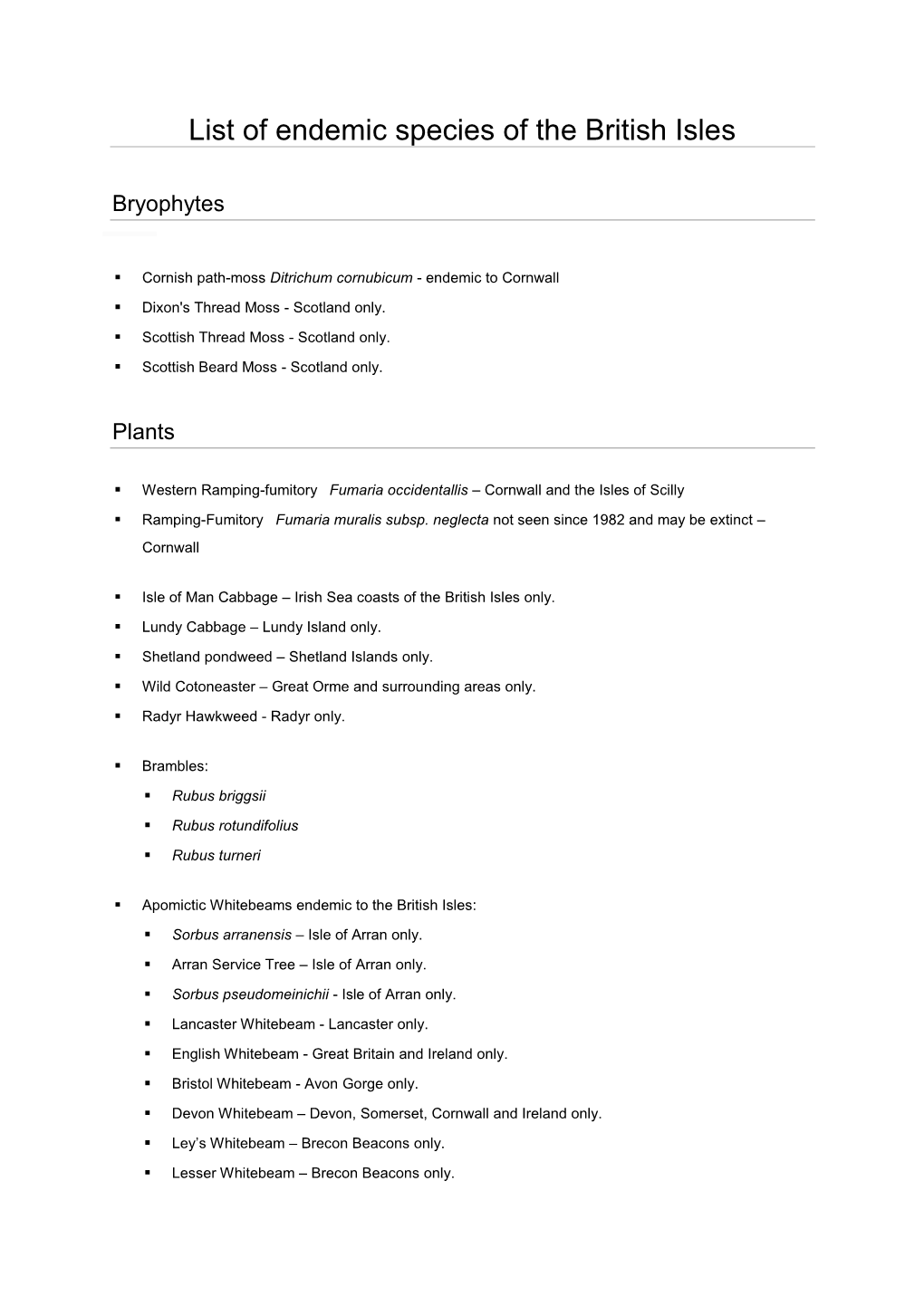 List of Endemic Species of the British Isles