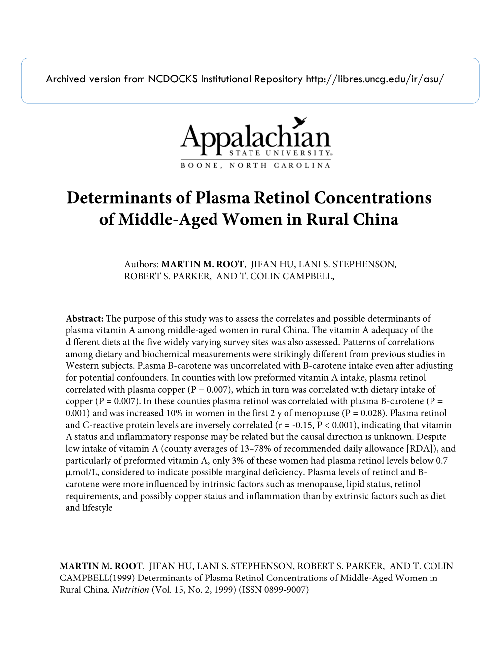 Determinants of Plasma Retinol Concentrations of Middle-Aged Women in Rural China