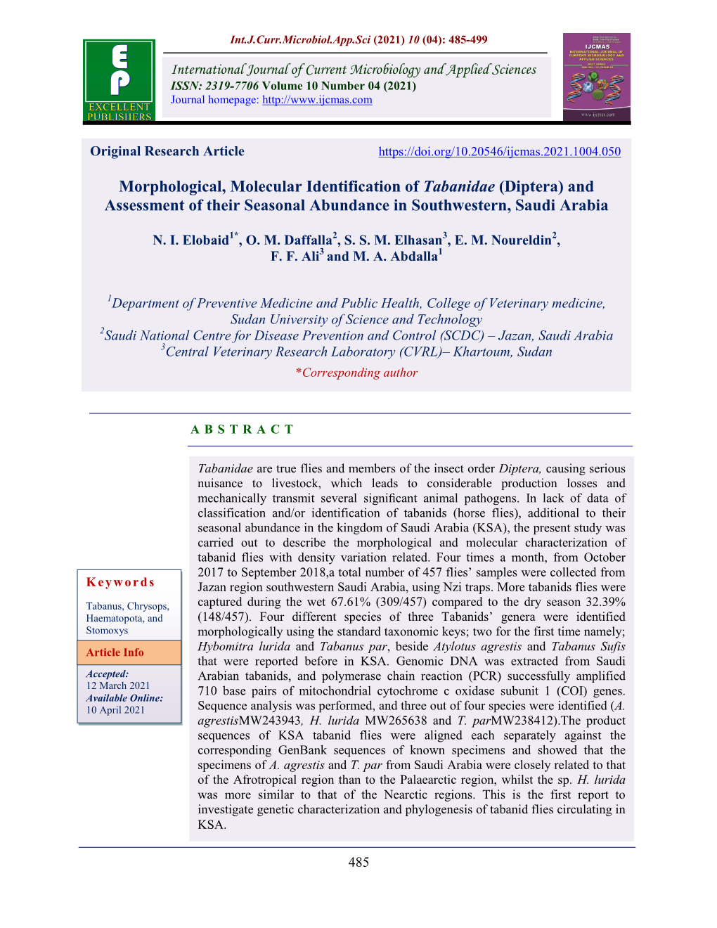 Morphological, Molecular Identification of Tabanidae (Diptera) and Assessment of Their Seasonal Abundance in Southwestern, Saudi Arabia