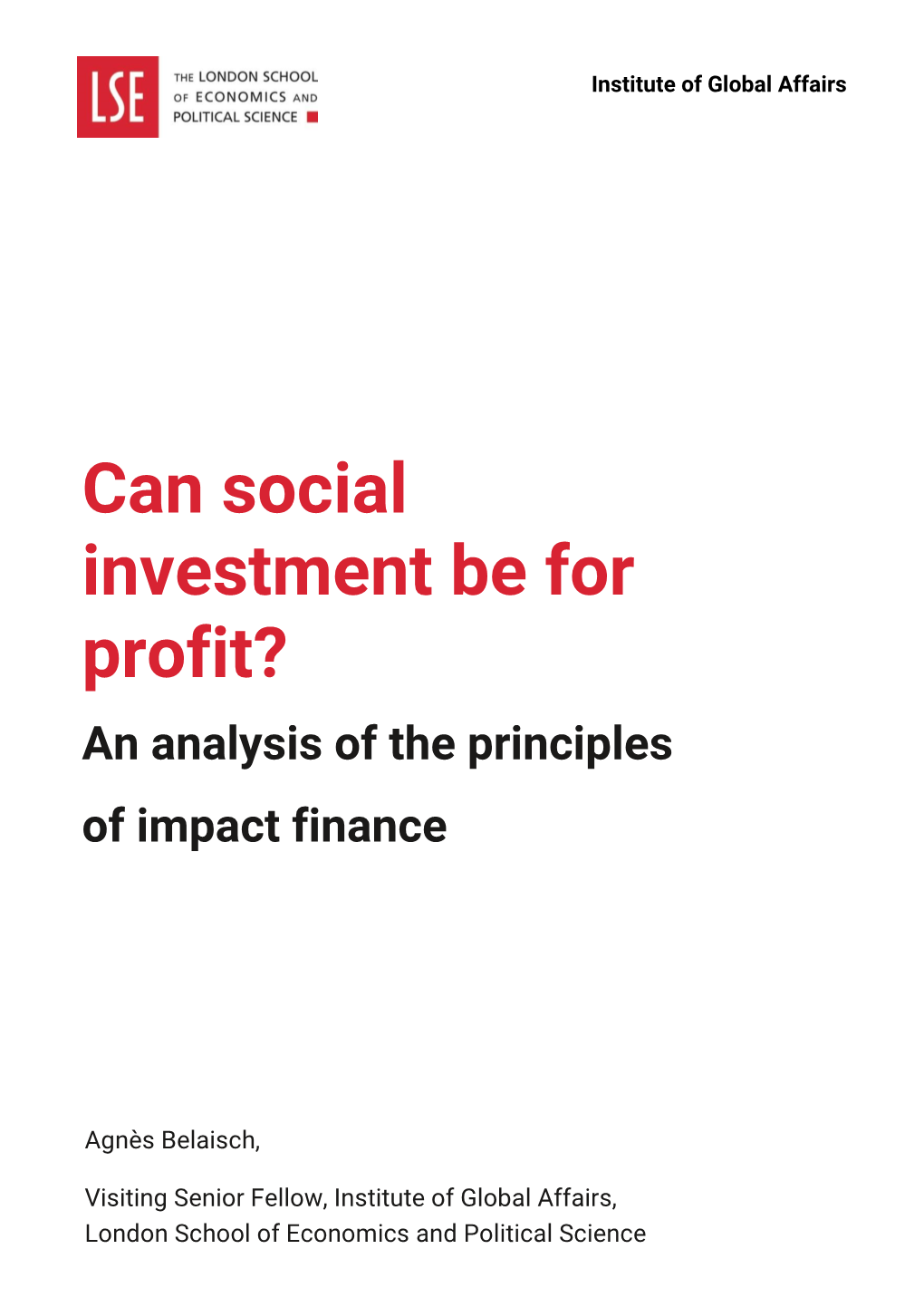 Can Social Investment Be for Profit? an Analysis of the Principles of Impact Finance