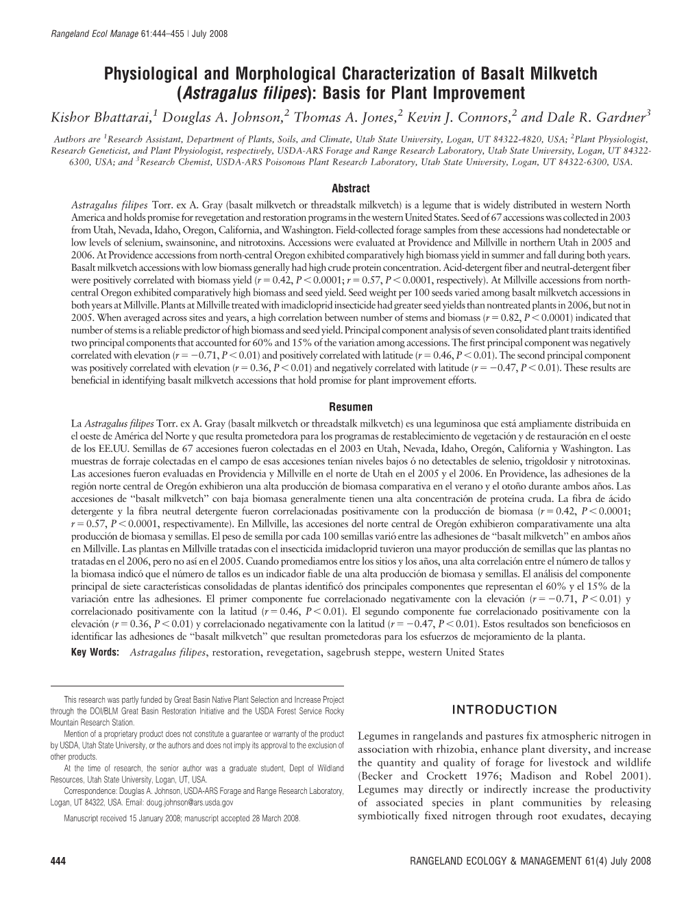 (Astragalus Filipes): Basis for Plant Improvement Kishor Bhattarai,1 Douglas A