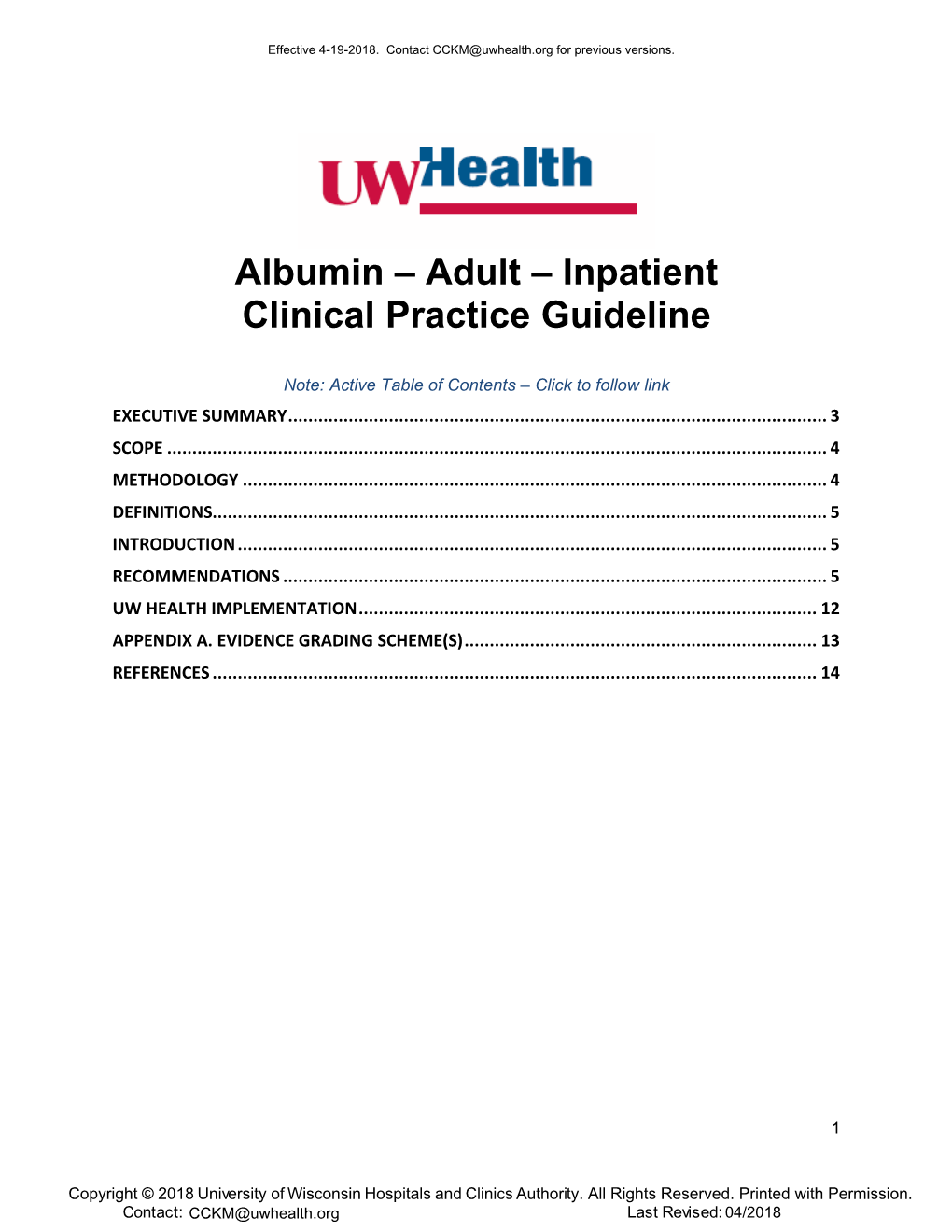 Albumin – Adult – Inpatient Clinical Practice Guideline