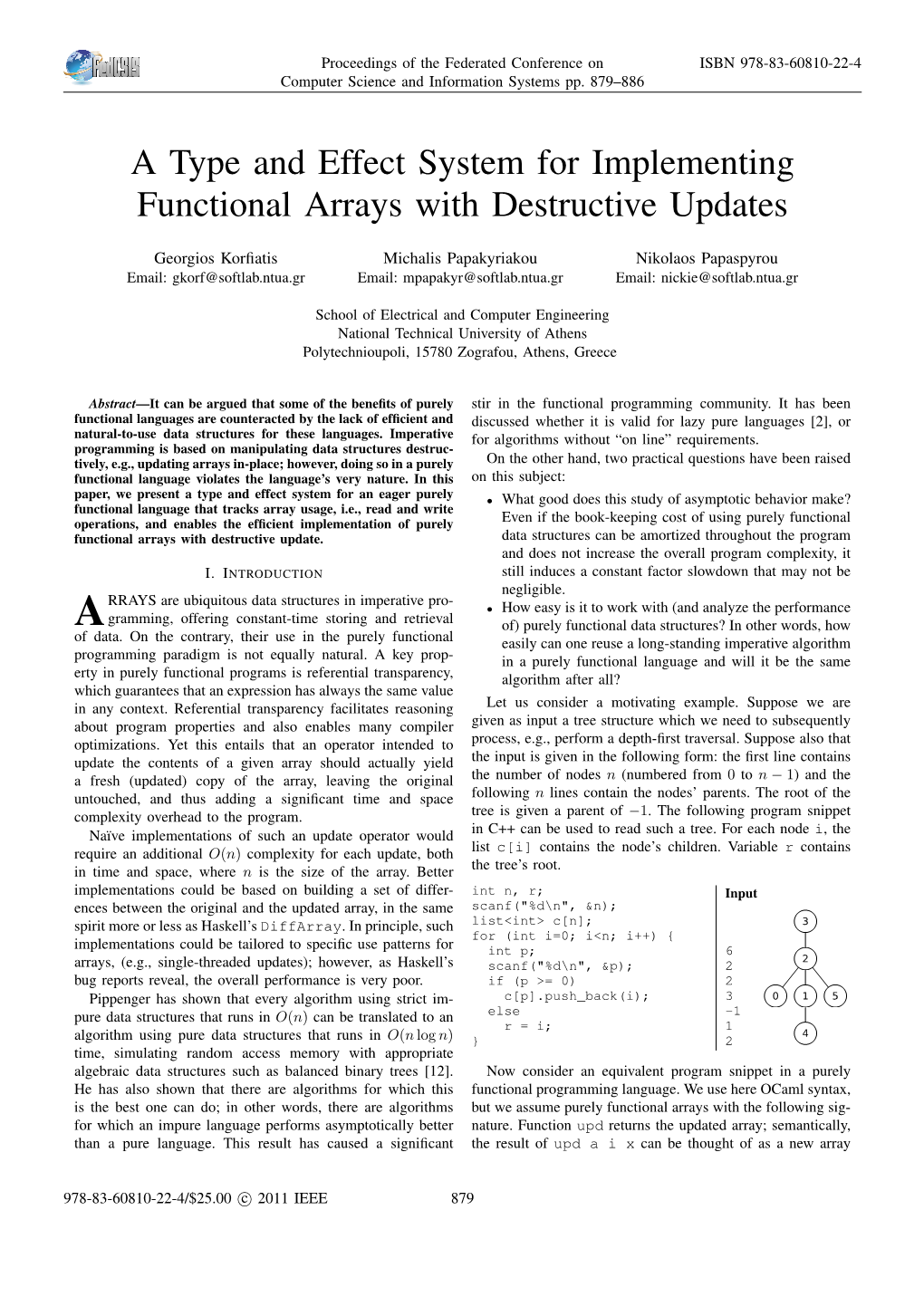 A Type and Effect System for Implementing Functional Arrays with Destructive Updates