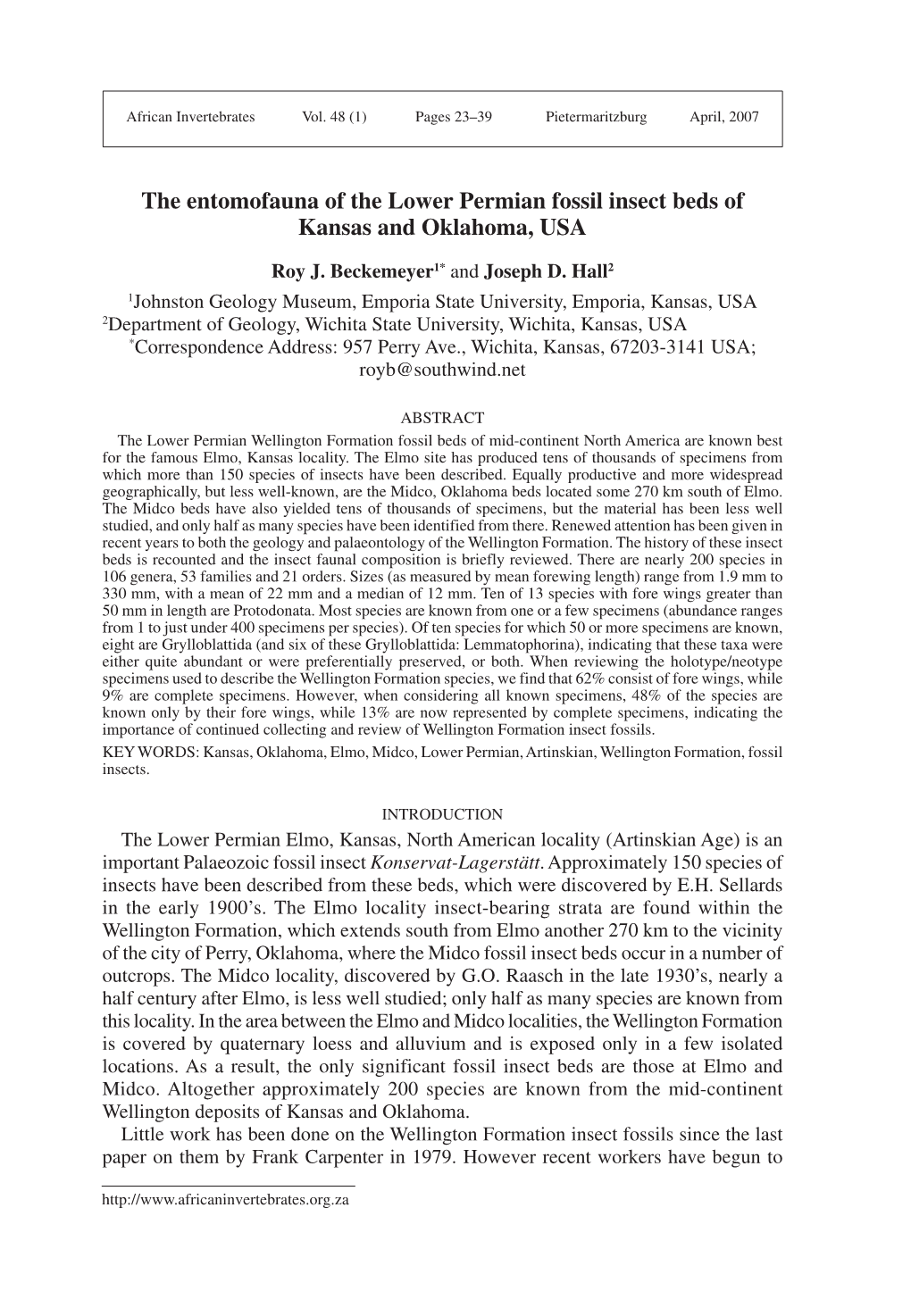 The Entomofauna of the Lower Permian Fossil Insect Beds of Kansas and Oklahoma, USA