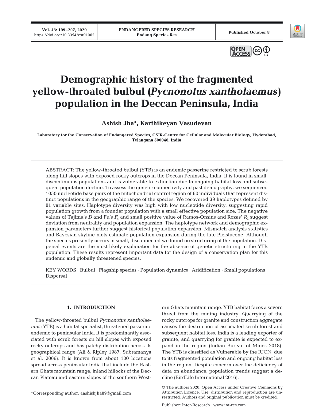 Pycnonotus Xantholaemus) Population in the Deccan Peninsula, India