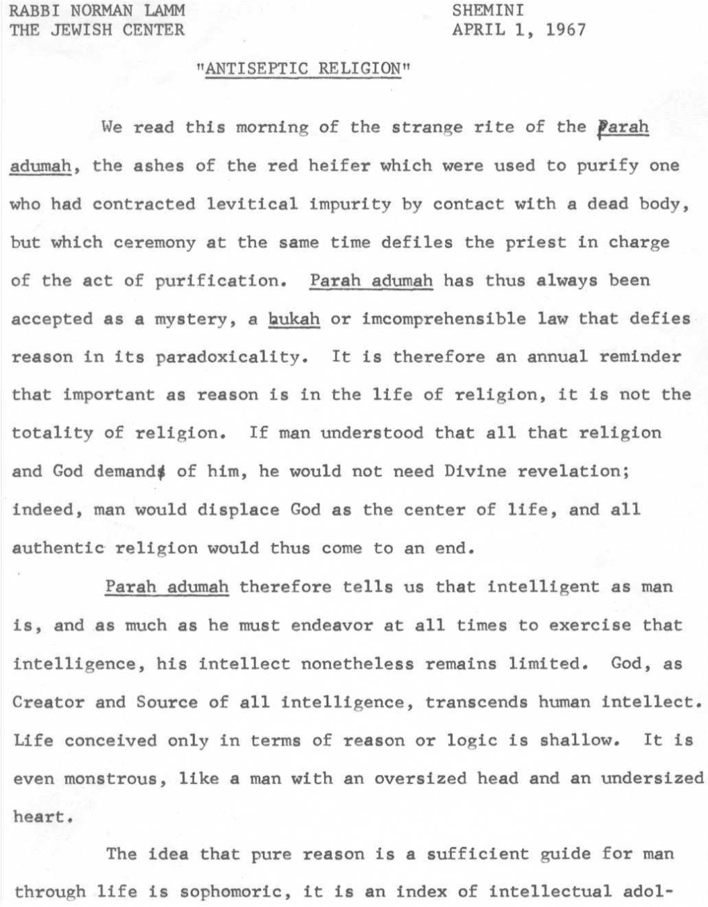 Rabbi Norman Lamm Shemini the Jewish Center April 1, 1967 "Antiseptic Religion"