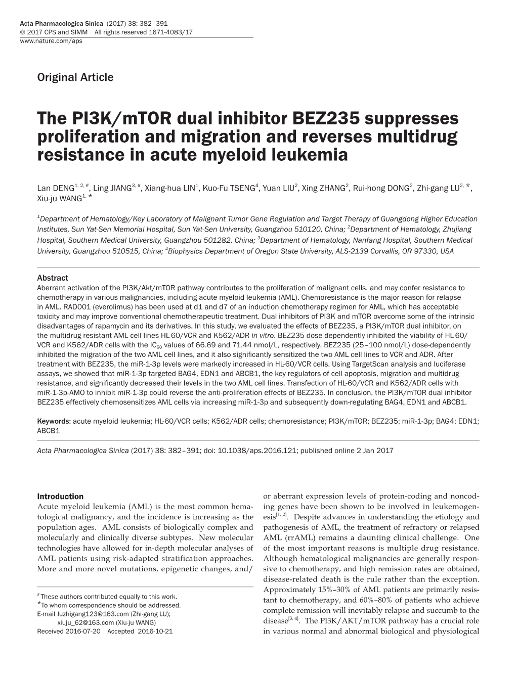 The PI3K/Mtor Dual Inhibitor BEZ235 Suppresses Proliferation and Migration and Reverses Multidrug Resistance in Acute Myeloid Leukemia