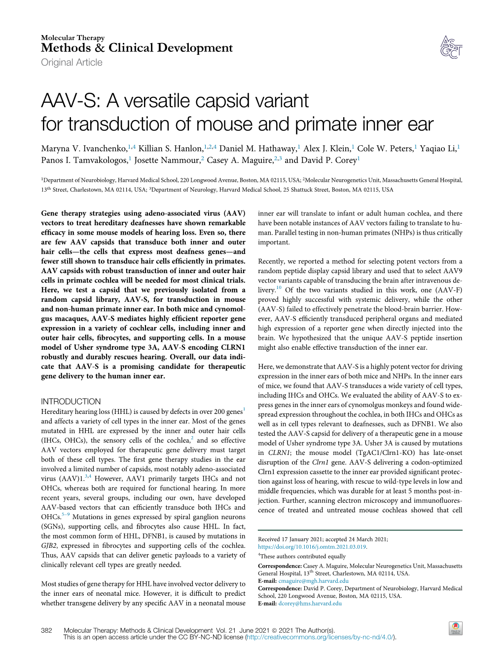 AAV-S: a Versatile Capsid Variant for Transduction of Mouse and Primate Inner Ear