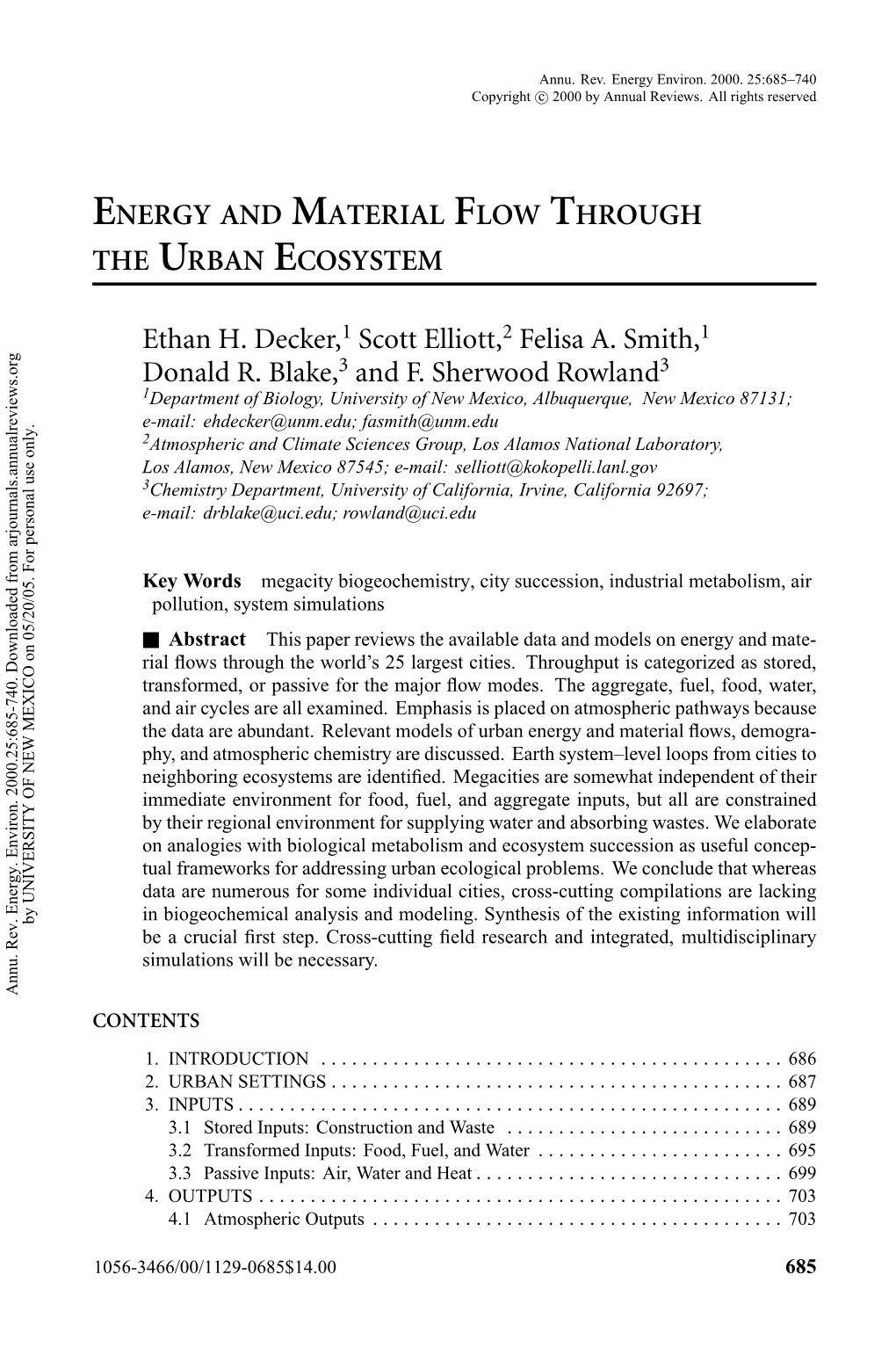 Energy and Material Flow Through the Urban Ecosystem