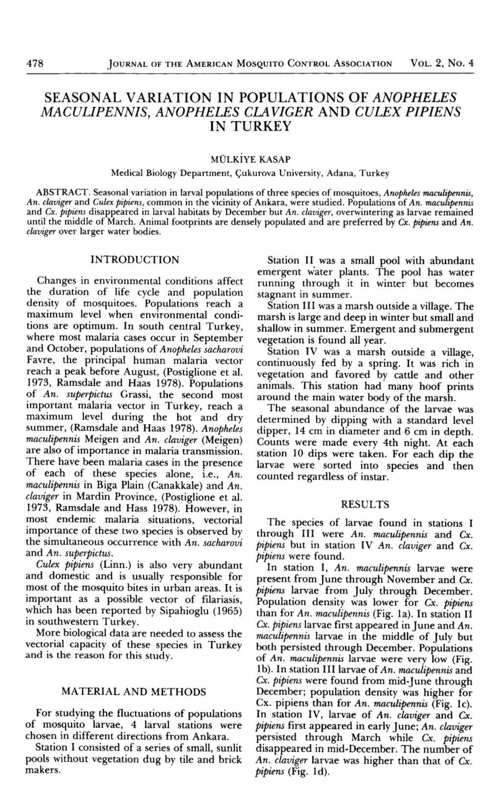 Seasonal Variation in Populations of Anopheles Maculipennis