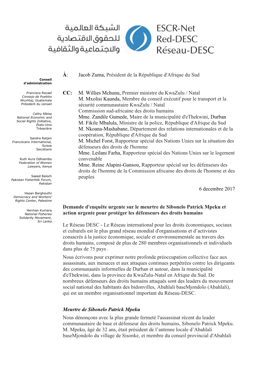 Une Lettre À Jacob Zuma, Président De L'afrique Du