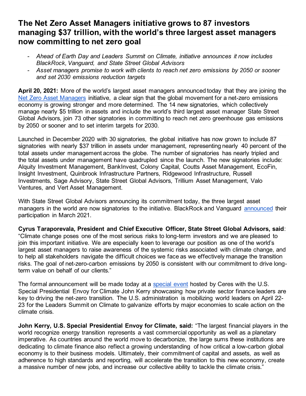 The Net Zero Asset Managers Initiative Grows to 87 Investors Managing $37 Trillion, with the World’S Three Largest Asset Managers Now Committing to Net Zero Goal