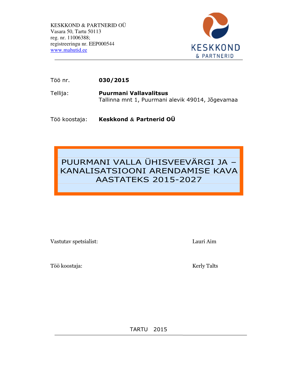 Kanalisatsiooni Arendamise Kava Aastateks 2015-2027