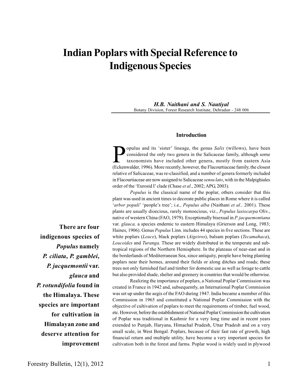 Indian Poplars with Special Reference to Indigenous Species