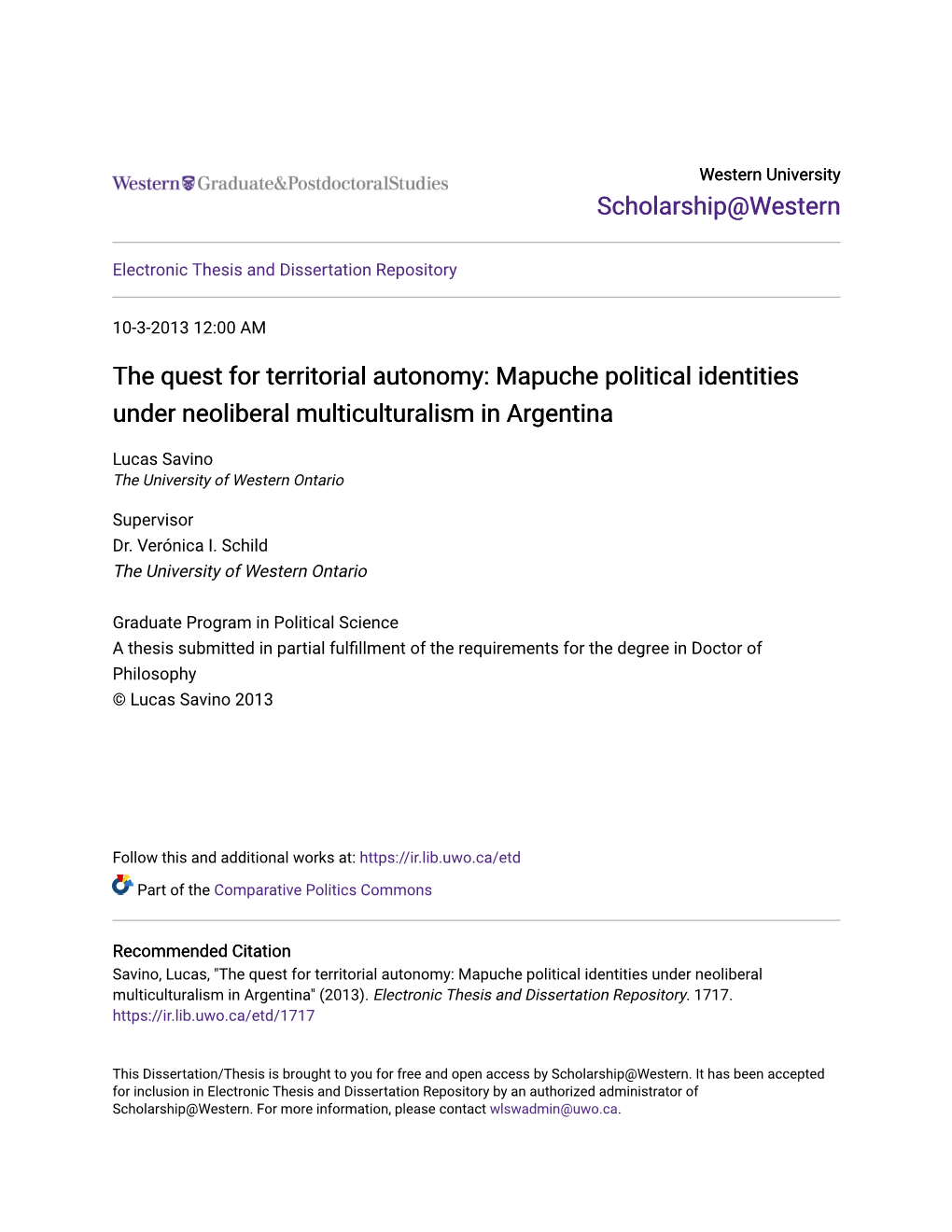 The Quest for Territorial Autonomy: Mapuche Political Identities Under Neoliberal Multiculturalism in Argentina