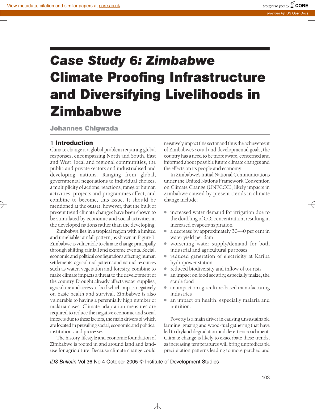 Case Study 6: Zimbabwe Climate Proofing Infrastructure and Diversifying Livelihoods in Zimbabwe